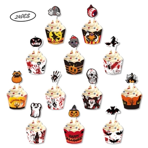 Detailed grid view of 24pcs Halloween cupcake toppers and wrappers with spooky designs
