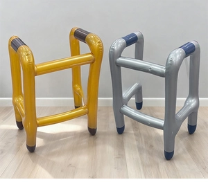 Detailed view of silver and gold inflatable walkers for party costumes and funny props