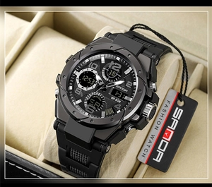 Dettaglio dell'orologio sportivo SANDA a doppio display impermeabile 50M in scatola