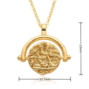 Detailed view of 18k gold plated planet coin pendant showing 23mm size dimensions