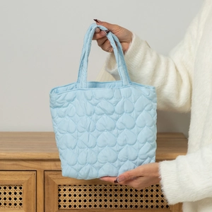 Cute Heart Quilted Handbag Puffy Soft Polyester Padded Tote Bag For Women Girls Student Daily Shopping