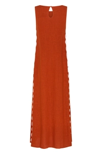 Detail of scalloped white edge on vintage red sleeveless maxi dress with a relaxed A-line fit
