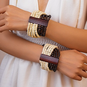 Bracelet Perles Multi Rangs Bohème Bois Naturel Coque Noix De Coco Ethnique Fait Main Bracelet Élastique Large Femmes