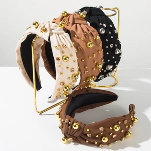 Baroque Padded Knotted Headband For Women Vintage Alloy Artificial Pearl Rhinestone Beaded Wide Fashion Hair Accessories