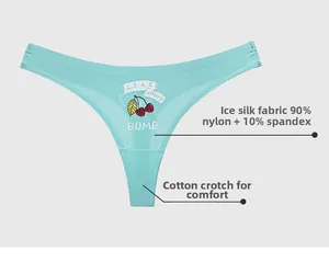 Macro detail of mint green ice silk thong featuring cherry print and elastic band