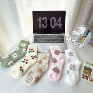 Women Coral Fleece Mid Calf Socks Thick Warm Winter Home Sleeping Floor Socks Cartoon Fruit Flower Soft Fuzzy Indoor