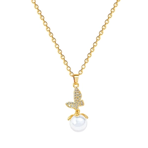 Elegant gold titanium steel necklace featuring a crystal butterfly and pearl pendant