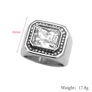 Mens heavy stainless steel ring with rectangle white zircon and halo setting in silver
