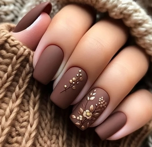 Macro shot of matte mocha press-on nails with golden embossed floral and leaf patterns