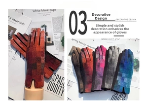 Detail of plaid knit gloves with wrist V-slit design and touchscreen compatible fingertips