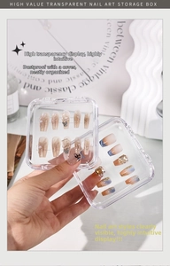Macro view of transparent acrylic nail art storage box with flip-top lid and press-on nails