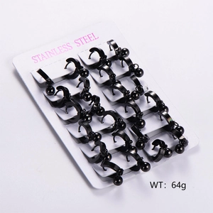 Set of multiple pairs of black stainless steel hoop earrings with sphere charms