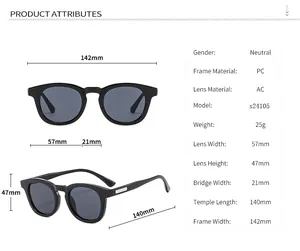 Detailed size chart for round sunglasses with 142mm frame width and PC material specs