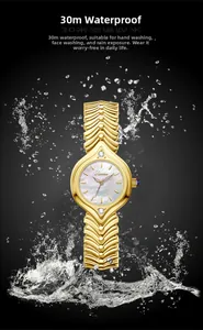 Close-up of golden mother-of-pearl watch with 30m waterproof feature and water splashes