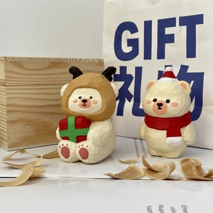Hand-carved wooden Christmas bears with Santa hat and reindeer antlers for desktop decor