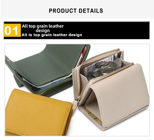 Detail view of genuine leather tri-fold wallet with card slots and coin pocket in three colors