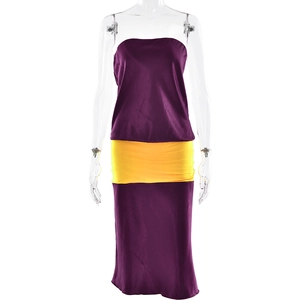 Elegant purple satin two-piece dress with yellow waist contrast and slim strapless design