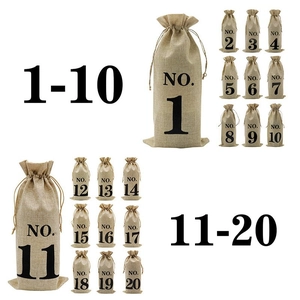 20-piece set of numbered drawstring linen wine gift bags in natural jute color