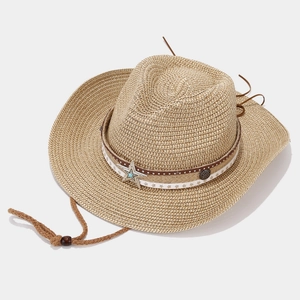Western straw cowboy hat with turquoise star band and adjustable chin cord for summer