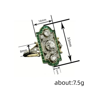 Art Deco emerald and diamond rectangle ring in gold and silver finish, 16x33mm size