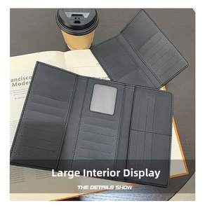 Detailed view of the black tri-fold wallet showing 18 card slots and textured leather