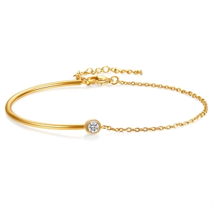 Minimalist 18K gold plated stainless steel C-shaped bangle with chain and zircon stone