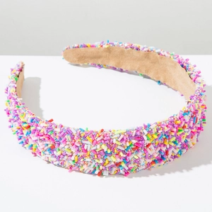 Detail of colorful sprinkles wide headband with soft non-slip inner suede lining