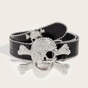 Punk style black crocodile pattern leather belt with large silver rhinestone skull buckle