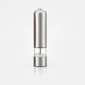 Electric stainless steel pepper mill with clear viewing window and official safety certifications