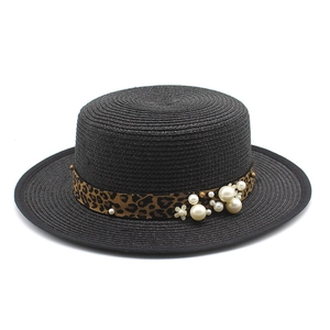 Elegant black boater straw hat with leopard print ribbon and pearl floral accents