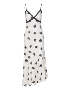 Robe longue élégante en satin à fleurs avec décolleté en V en dentelle et coupe ajustée