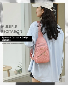 Pink quilted oxford chest bag for women showing water-resistant fabric and zippers