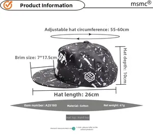 Detailed view of hip-hop flat brim baseball cap with black and white splatter pattern