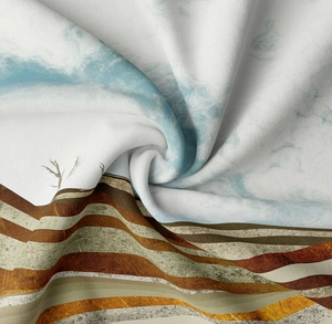 Detail shot of mountain landscape wall tapestry fabric texture and soft material folds