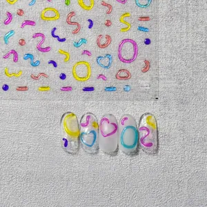 Detailed 3D jelly nail art stickers with geometric heart shapes and macaron colors