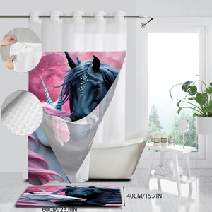 Black unicorn waffle shower curtain and non-slip bath mat set for modern bathroom decor