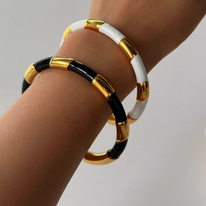 Bamboo style 18k gold plated titanium steel enamel bangles set in black and white
