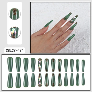 Deep green long coffin press-on nails set with rhinestones and glossy finish