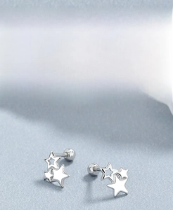 Detail of S925 sterling silver three-star stud earrings with secure screw-back design