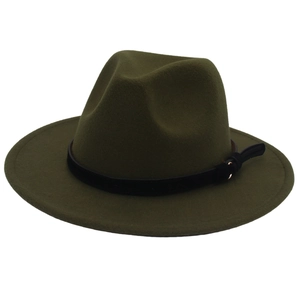 Detailed view of olive green wool fedora hat featuring a black faux leather band and metal buckle