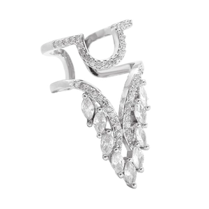 Detailed close-up of silver-tone nail ring with U-shape and feather zircon design