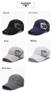 Dettaglio di cinque cappellini da baseball in mesh traspirante in nero, blu e grigio