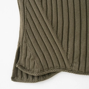 Olive green high neck sleeveless knit vest featuring ribbed texture and side slit details