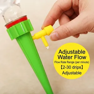 Automatic indoor plant watering device with adjustable flow valve in green and red