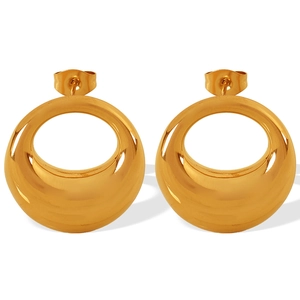Polished 18K gold plated titanium steel oval hollow moon hoop earrings for women