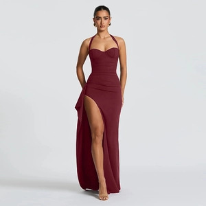 Elegant wine red halter neck maxi dress with high slit and slim fit silhouette