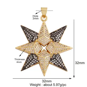 Gold and black eight-pointed star charm with white zircons, 32mm pendant specifications
