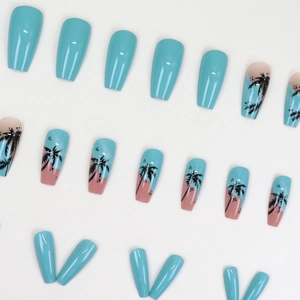 Blue tropical press-on nails with palm tree beach art and long coffin shape