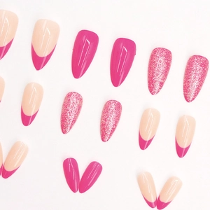Pink French almond press-on nails with glitter finish and glossy sweet rose accents