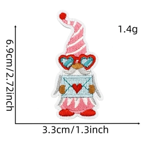 Detailed size specifications for pink gnome embroidered iron-on patch with dimensions